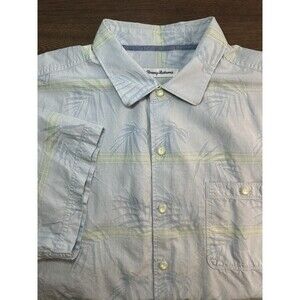 Tommy Bahama Men's XL Blue Cotton/Silk Palm Leaves Short Sleeve Button Up Shirt